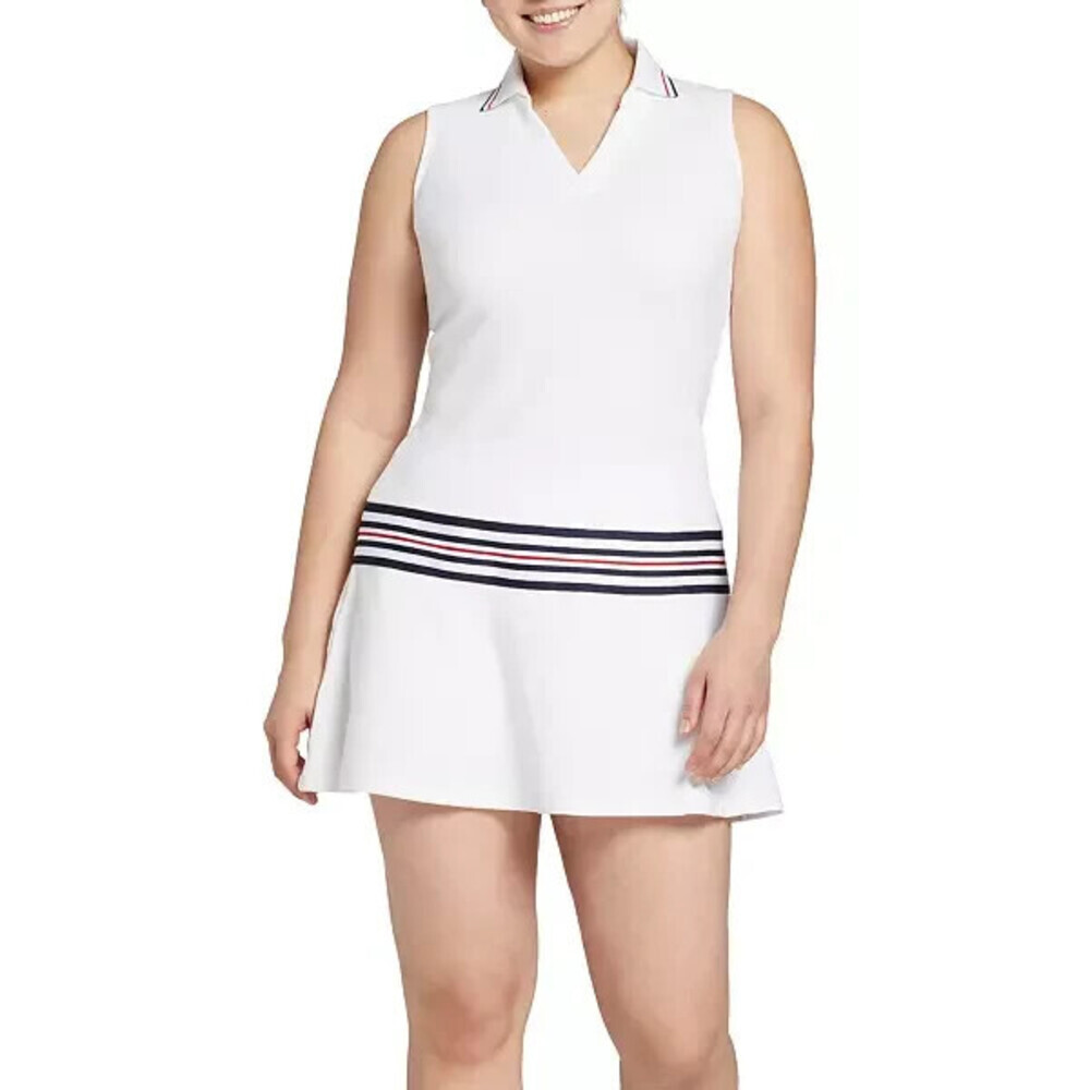 Walter Hagen Golf Dress Women White Striped Wrinkle Free Taped Drop Waist SRT504